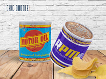 Load image into Gallery viewer, 12 Rusty Oil Tin Can Wrappers | Pringles 1.3oz Wrappers | Radiator Springs | DIGITAL | Printable | Instant Download
